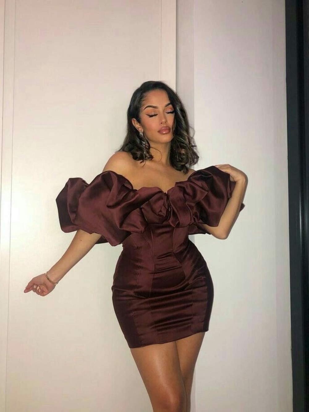 House of CB Strapless Ruffle Bodycon Dress in Deep Burgundy